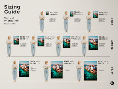 Sizing guide for coastal art prints and canvases. Find the perfect fit for your space. A turquoise water aerial seascape art adds a Mediterranean touch. Available in small medium and large sizes this travel-inspired art brings coastal charm to your home.