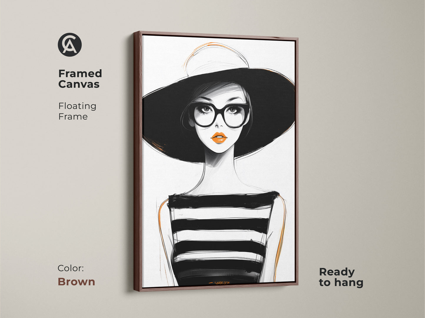Framed canvas artwork showcasing a minimalist woman portrait. The brown floating frame enhances the piece. This black white and orange fashion art is ready to hang. Perfect for modern living room art.