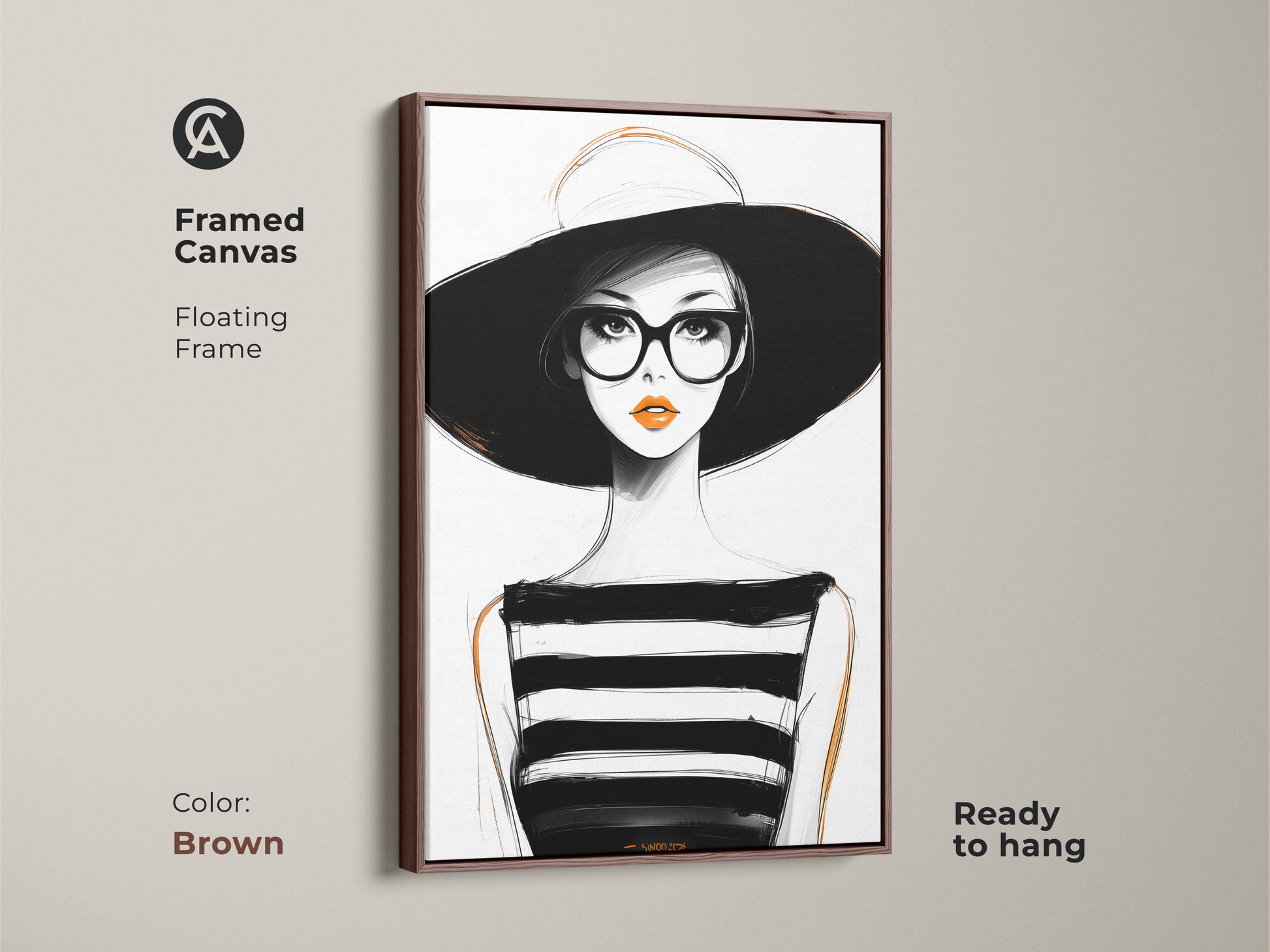 Framed canvas artwork showcasing a minimalist woman portrait. The brown floating frame enhances the piece. This black white and orange fashion art is ready to hang. Perfect for modern living room art.