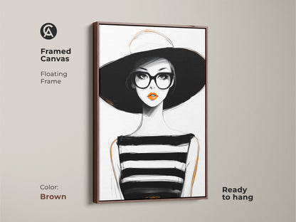 Framed canvas artwork showcasing a minimalist woman portrait. The brown floating frame enhances the piece. This black white and orange fashion art is ready to hang. Perfect for modern living room art.