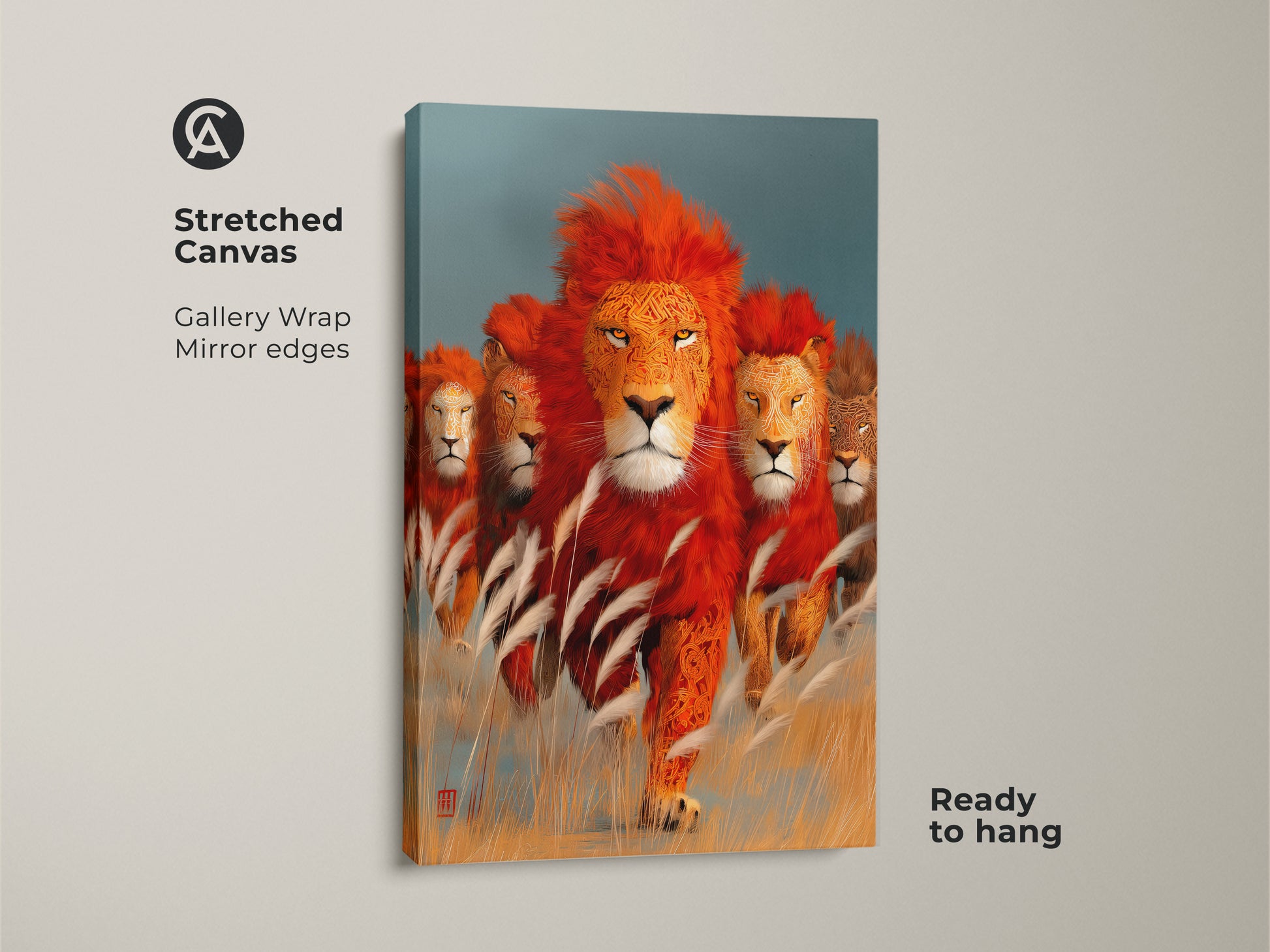 Stretched canvas print of an African wildlife scene. The lion art has gallery wrap mirror edges ready to hang. This majestic animal artwork features a bold orange and teal palette. It's ideal for adding an eclectic touch to any wall. A perfect housewarming gift for lion enthusiasts.