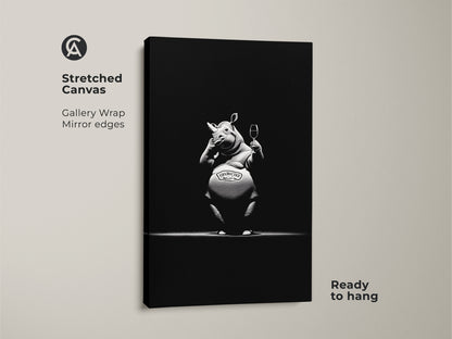 Stretched canvas gallery wrap of humorous rhino animal art. This monochrome bar decor adds sophistication to any space. Ready to hang this black and white animal poster is an ideal gift for animal lovers or a modern man cave art. This eclectic home bar art brings a unique living room art or office wall decor animal.