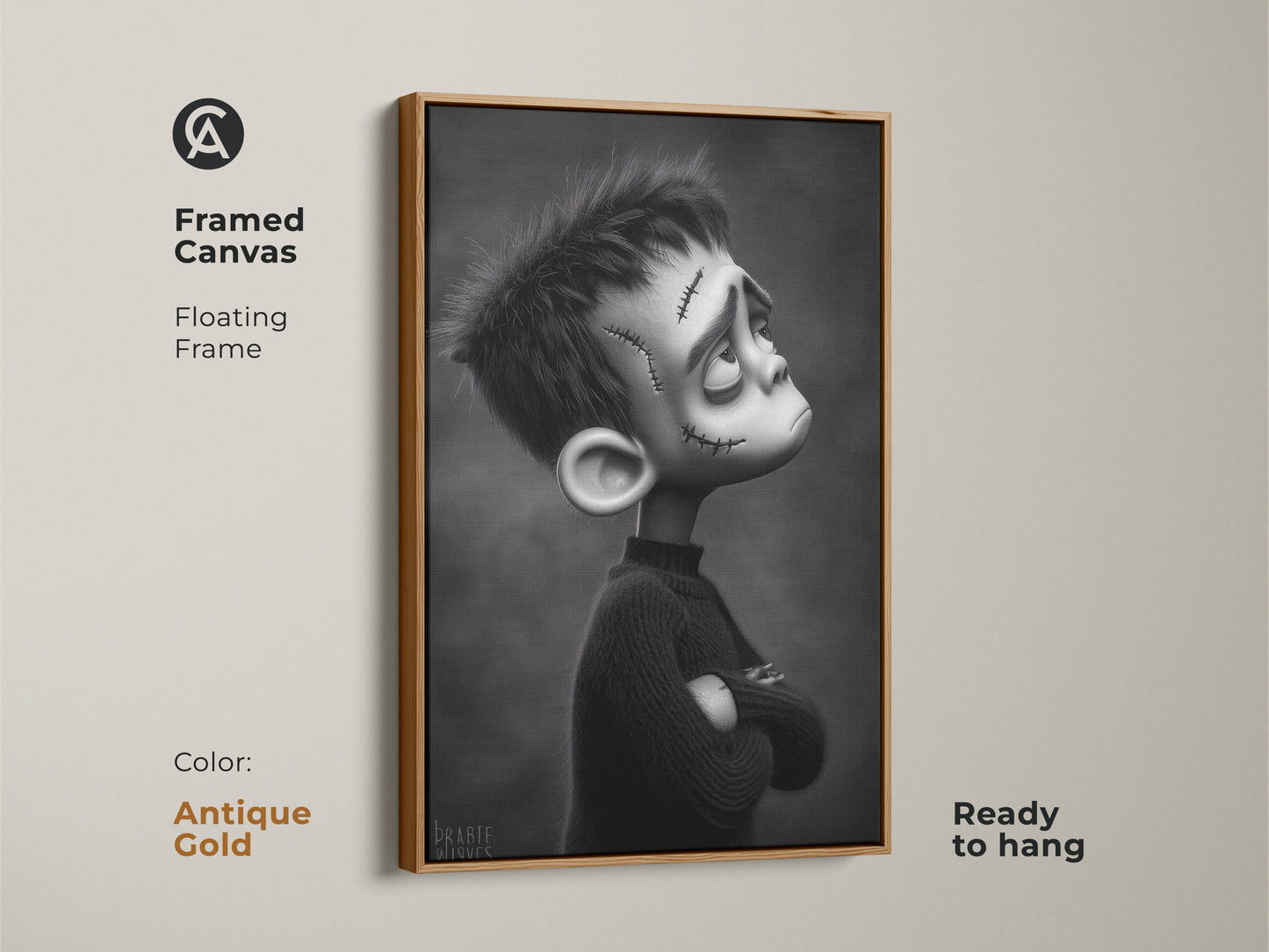 Framed canvas with a floating frame in antique gold showing a gothic Frankenstein boy. This ready-to-hang artwork is a unique gift. The black and white monster illustration complements eclectic home decor.