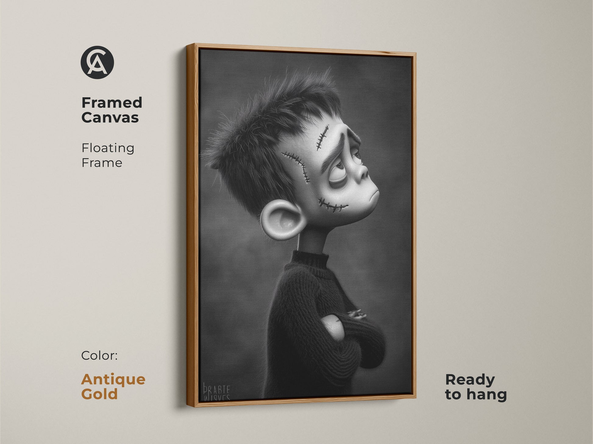 Framed canvas with a floating frame in antique gold showing a gothic Frankenstein boy. This ready-to-hang artwork is a unique gift. The black and white monster illustration complements eclectic home decor.