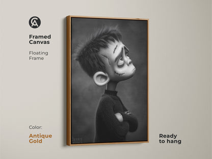 Framed canvas with a floating frame in antique gold showing a gothic Frankenstein boy. This ready-to-hang artwork is a unique gift. The black and white monster illustration complements eclectic home decor.