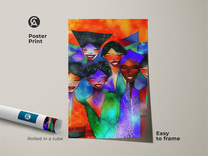 Poster Print of abstract expressionism wall art rolled in a tube. This contemporary group portrait features an eclectic Orange and Blue color palette. Easy to frame artwork.