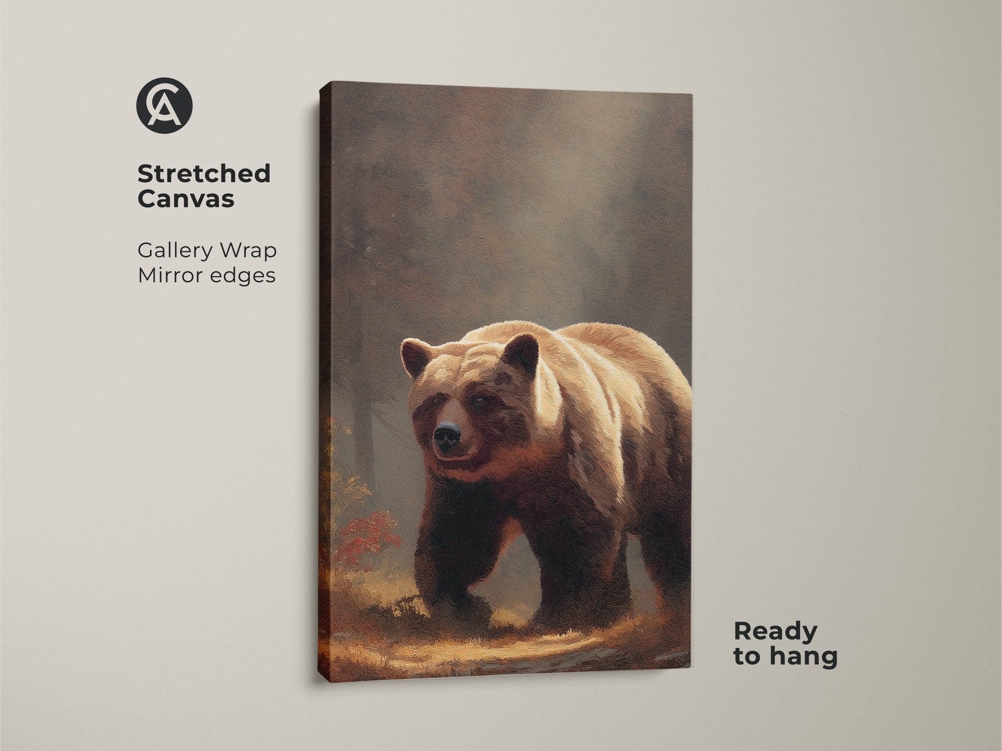 Stretched canvas of a realistic bear artwork. This forest wildlife wall art has mirror edges. Earth tone animal print adds rustic nature decor. Ready to hang in any room.
