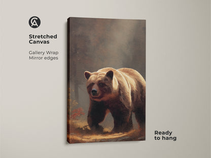 Stretched canvas of a realistic bear artwork. This forest wildlife wall art has mirror edges. Earth tone animal print adds rustic nature decor. Ready to hang in any room.