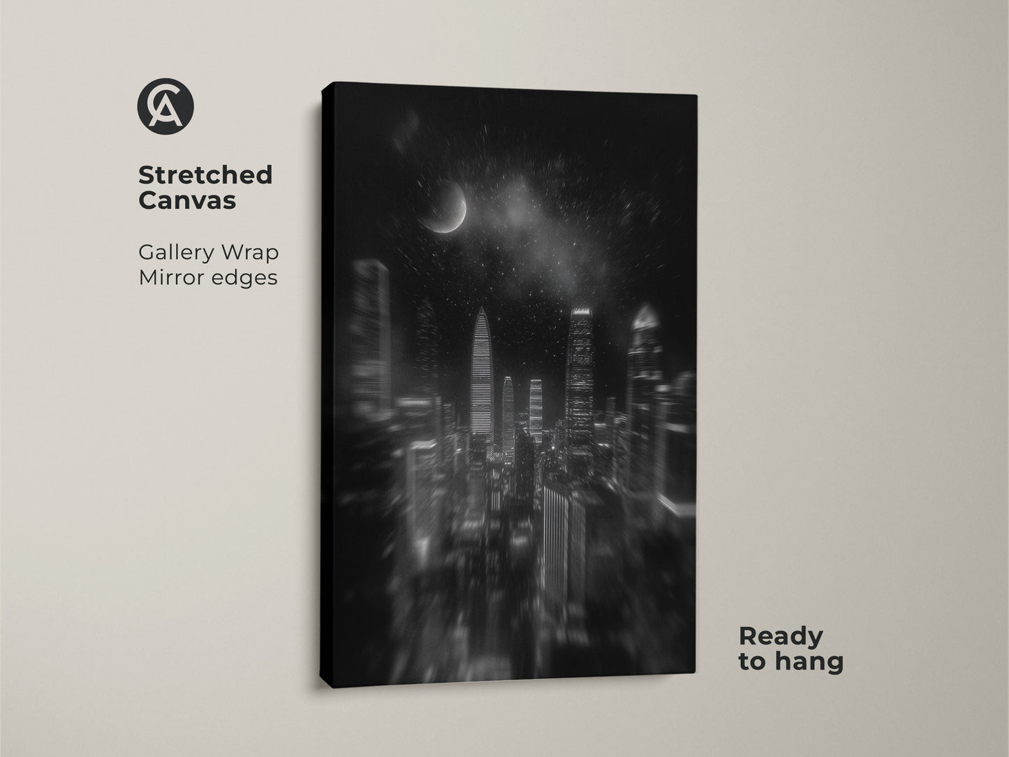 Stretched Canvas of a black and white city. Gallery wrapped mirror edges enhance the night sky moon wall art. Ready to hang modern skyscraper art provides contemporary urban decor.