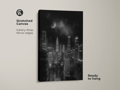 Stretched Canvas of a black and white city. Gallery wrapped mirror edges enhance the night sky moon wall art. Ready to hang modern skyscraper art provides contemporary urban decor.