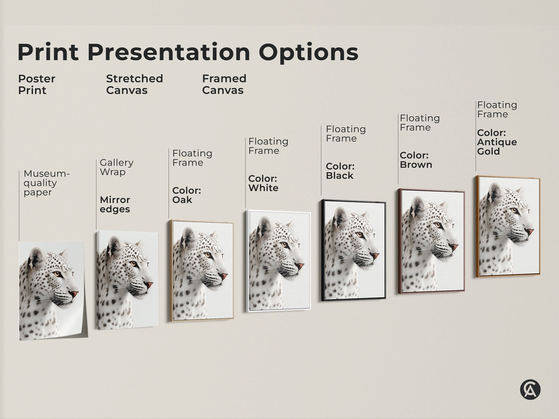 Print presentation options include poster stretched and framed canvas styles. Frame colors are oak white black brown and antique gold. Choose museum-quality realistic monochrome snow leopard art for your space.