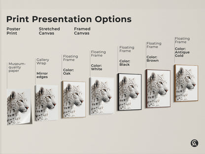 Print presentation options include poster stretched and framed canvas styles. Frame colors are oak white black brown and antique gold. Choose museum-quality realistic monochrome snow leopard art for your space.