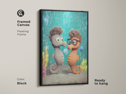 Framed Canvas features a cute seahorse couple art print. Cartoon animal nursery decor with a teal green bubble canvas is visible. This whimsical ocean theme artwork is ready to hang. The floating frame is black.