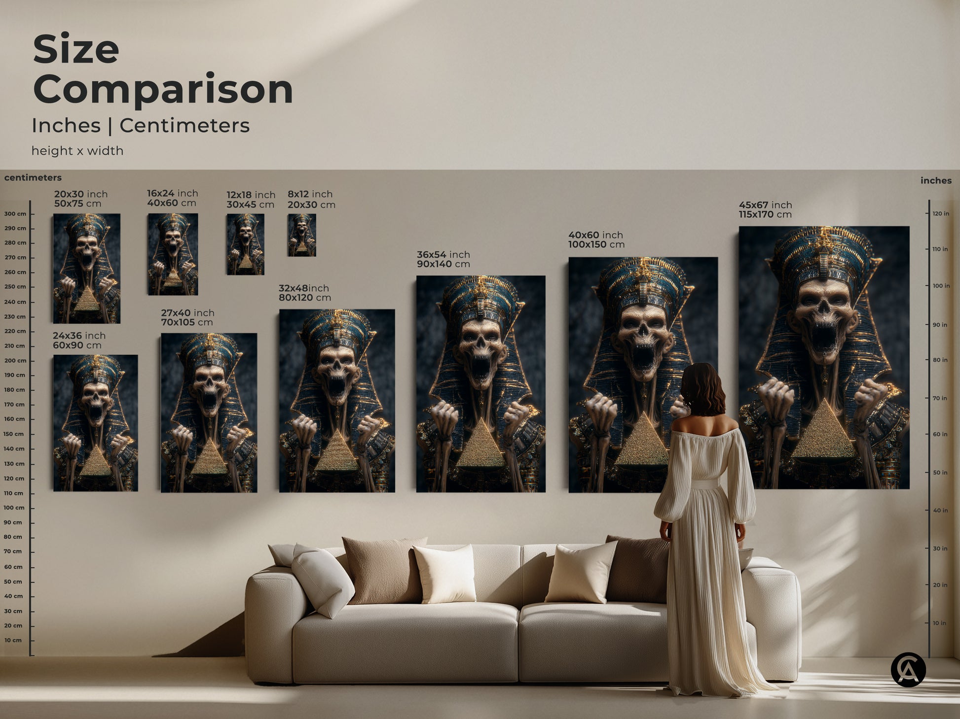 Size comparison featuring pharaoh skeleton artwork in inches and centimeters. Gothic pyramid artwork in different sizes to fit any space. This wall art offers a unique blend of dark aesthetic home decor and art.