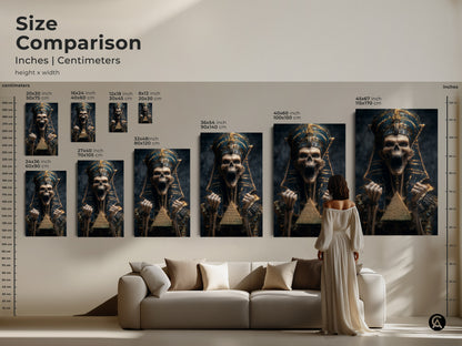 Size comparison featuring pharaoh skeleton artwork in inches and centimeters. Gothic pyramid artwork in different sizes to fit any space. This wall art offers a unique blend of dark aesthetic home decor and art.