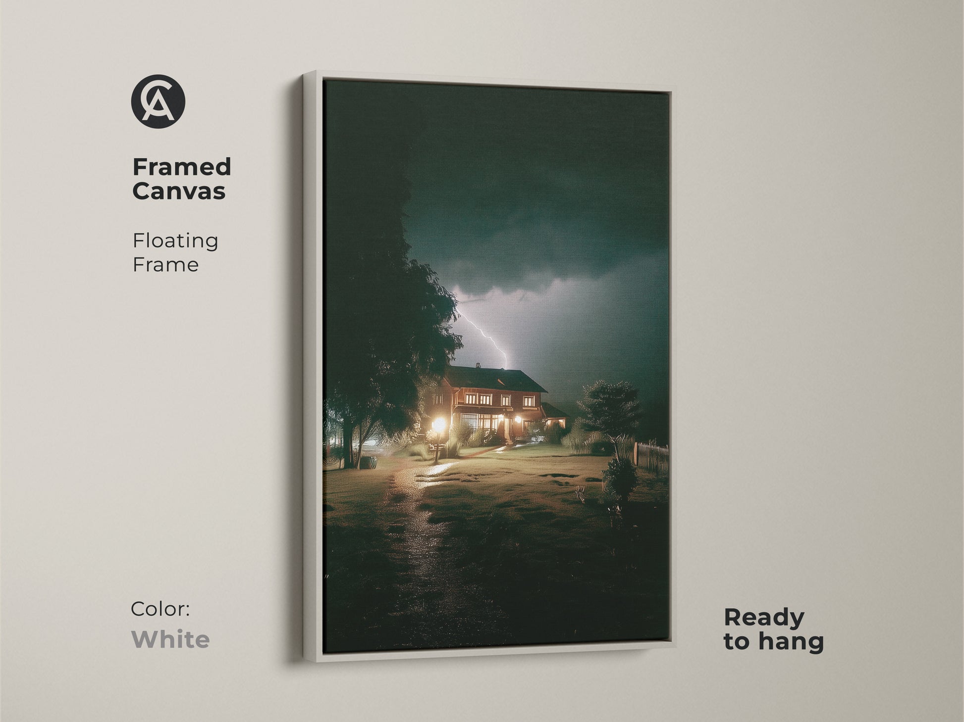 A framed canvas featuring artwork of a house in a lightning storm. The white floating frame accentuates the dramatic scene. Ready to hang this piece adds a unique touch to any room. Perfect for those who appreciate nature and atmospheric landscapes. This artwork captures a powerful moment.