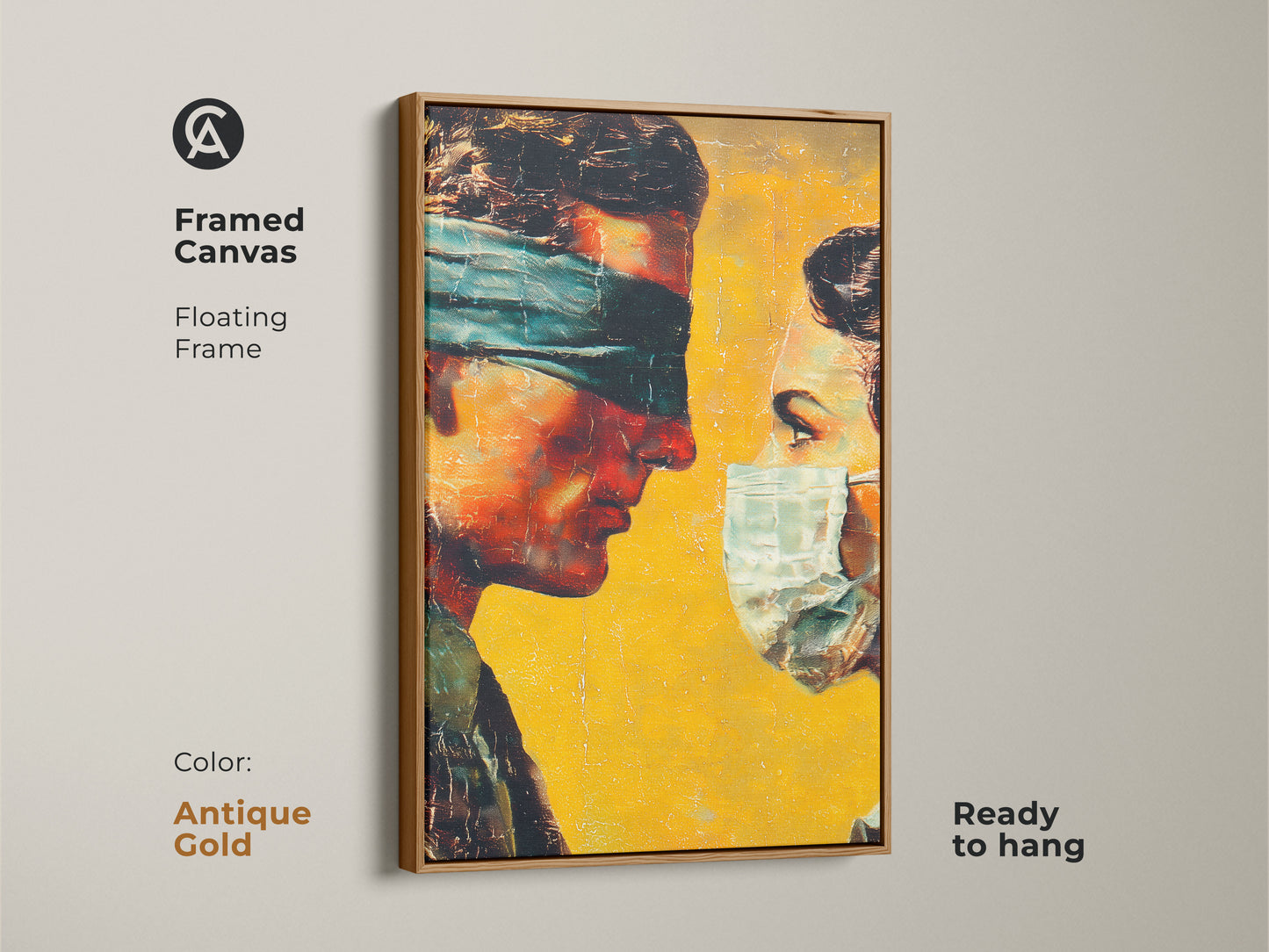 Framed canvas art with a floating frame. The artwork features a man and woman. The man is blindfolded while the woman wears a mask. The frame is antique gold. This ready to hang canvas adds a gallery touch to your home decor.