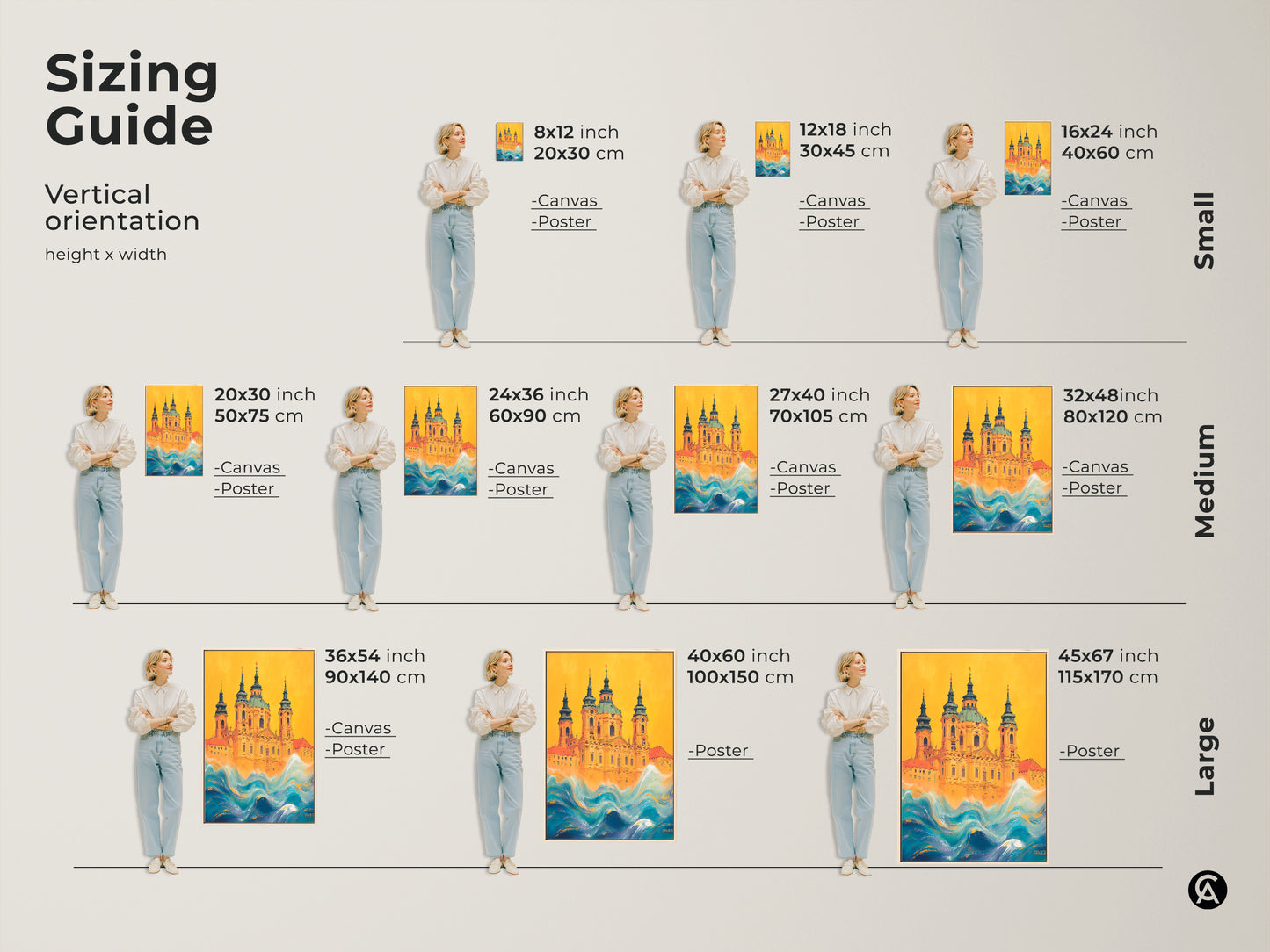 Sizing guide for the surreal church artwork. Available as canvas or poster in various vertical sizes. The yellow and blue waves canvas artwork fits any space. Sizes range from small to large. Find the perfect dimensions for eclectic building art and enhance your home's decor.