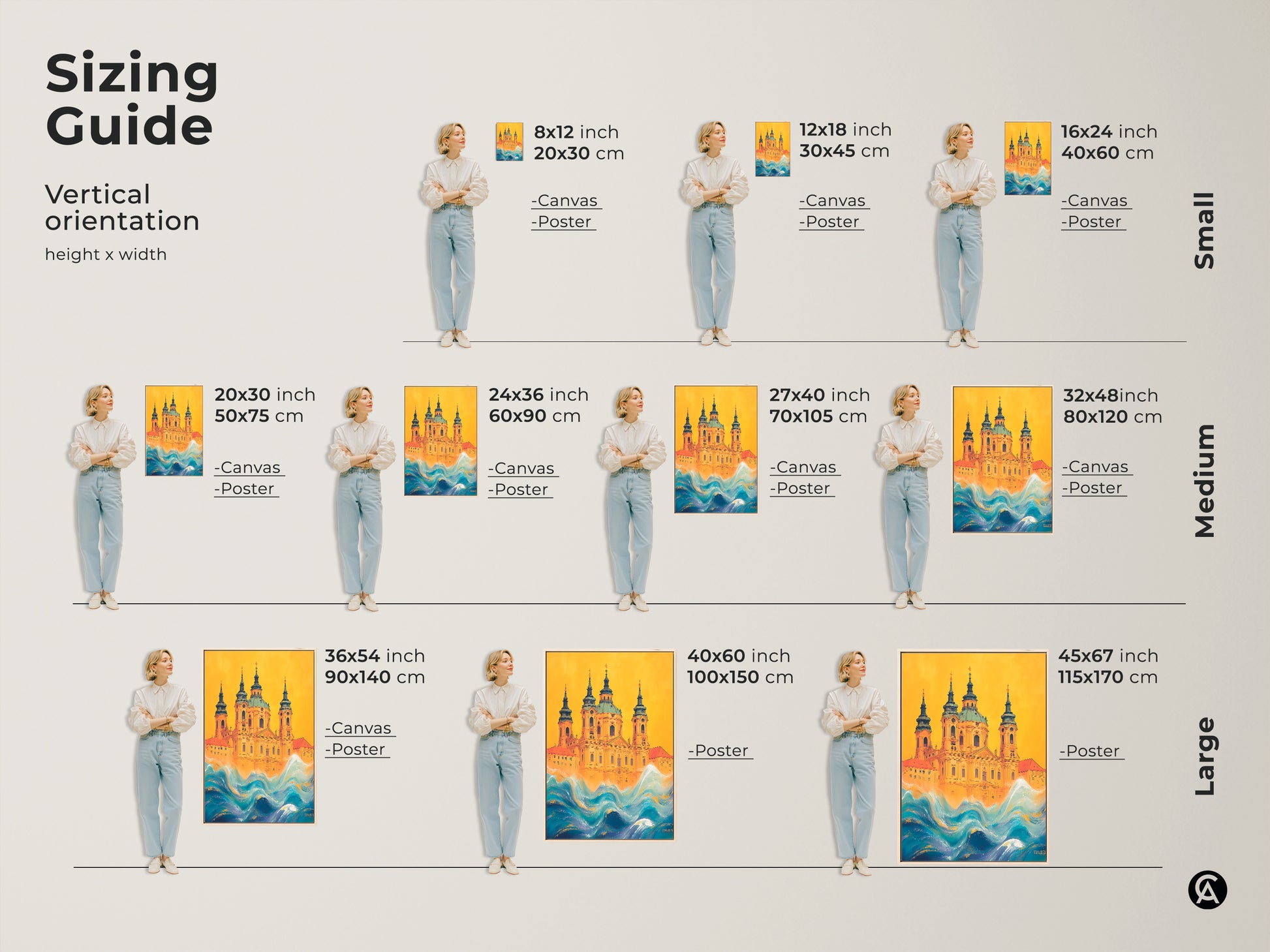 Sizing guide for the surreal church artwork. Available as canvas or poster in various vertical sizes. The yellow and blue waves canvas artwork fits any space. Sizes range from small to large. Find the perfect dimensions for eclectic building art and enhance your home's decor.