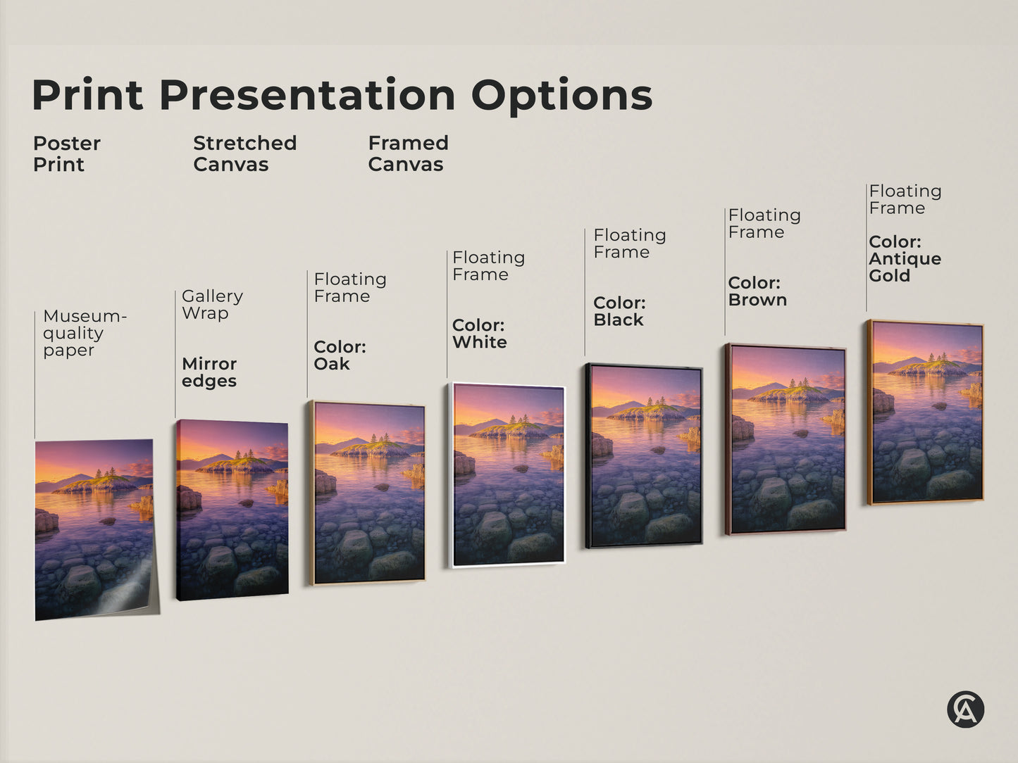 Print Presentation Options featuring Island Seascape artwork. Choose from poster prints stretched canvas or framed canvas. The Coastal Sunset Wall Art showcases ocean landscape photography. Options include black brown antique gold and white frames.
