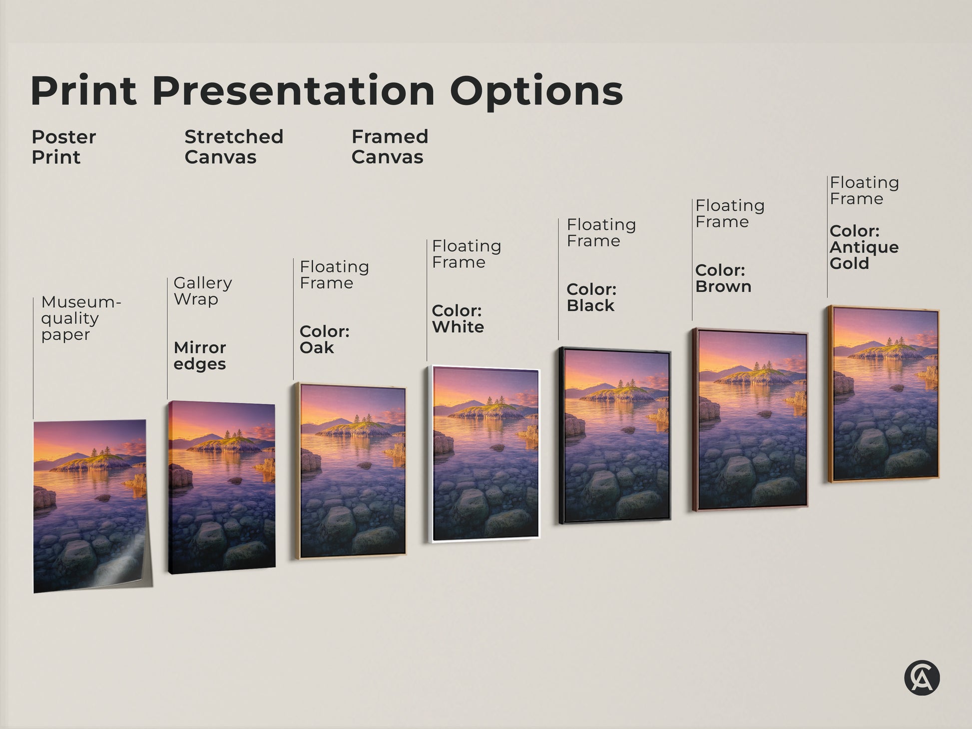 Print Presentation Options featuring Island Seascape artwork. Choose from poster prints stretched canvas or framed canvas. The Coastal Sunset Wall Art showcases ocean landscape photography. Options include black brown antique gold and white frames.