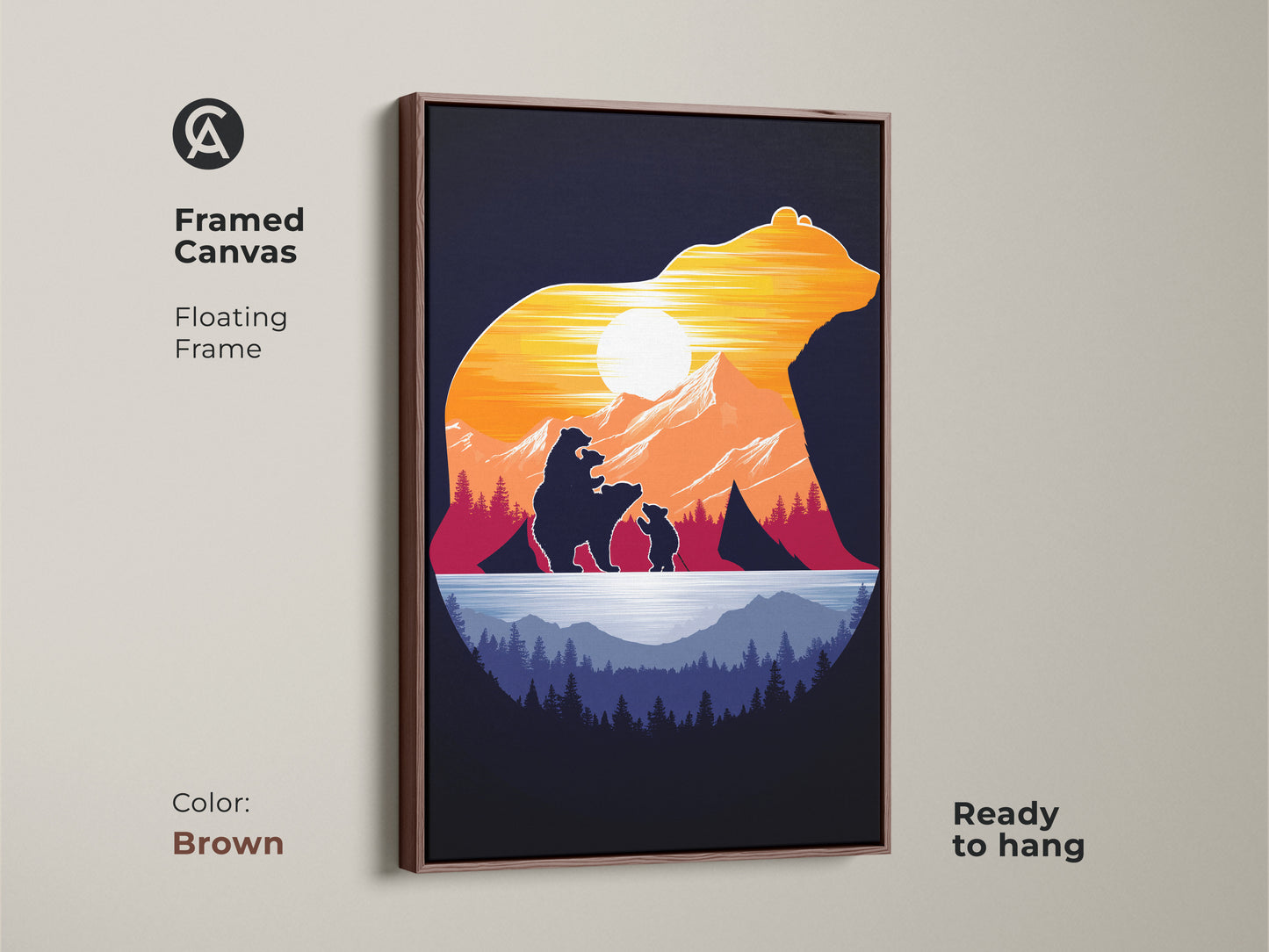 The framed canvas features a bear family silhouette art. The floating frame comes in a brown finish which enhances the mountain sunset artwork. Ready to hang this rustic silhouette art is a thoughtful outdoor lover gift. The orange yellow and blue tones provide warmth.
