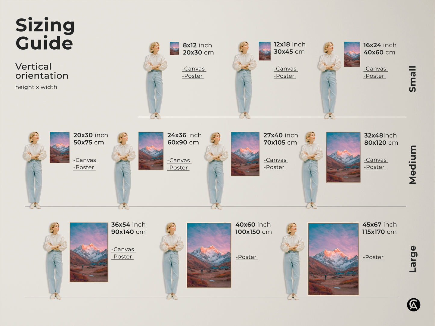 Sizing guide for mountain art. Discover the perfect size for your space. Vertical orientation options available. From small to large sizes. Canvas and poster options available. Find the ideal mountain artwork to fit your vision and wall space.