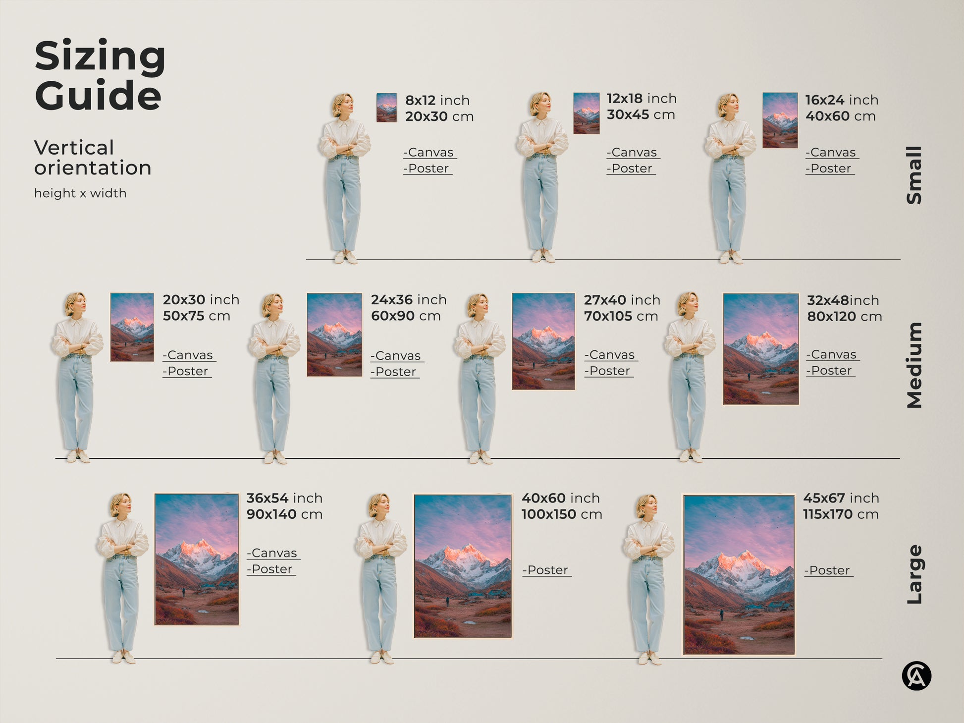 Sizing guide for mountain art. Discover the perfect size for your space. Vertical orientation options available. From small to large sizes. Canvas and poster options available. Find the ideal mountain artwork to fit your vision and wall space.