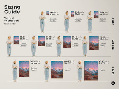 Sizing guide for mountain art. Discover the perfect size for your space. Vertical orientation options available. From small to large sizes. Canvas and poster options available. Find the ideal mountain artwork to fit your vision and wall space.