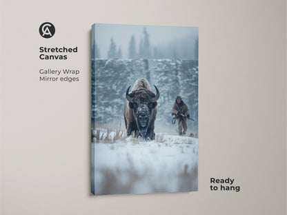Stretched canvas art featuring a bison in a snowy landscape. The gallery wrap with mirrored edges offers a modern look. The artwork showcases a bison and a hunter in winter. Ready to hang wildlife art for home or office decor.