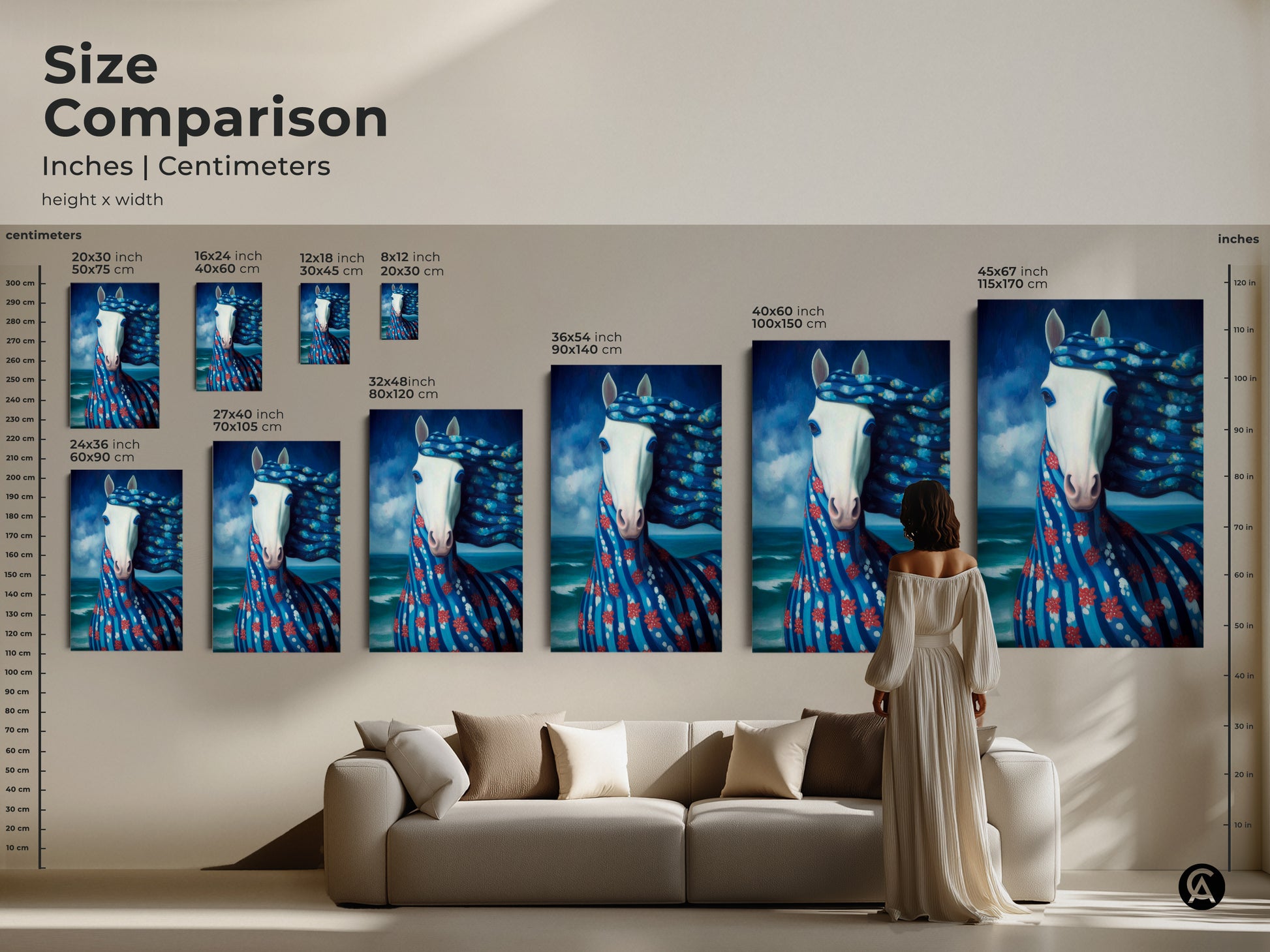 A size comparison shows the surreal horse artwork in various dimensions. The art is displayed above a sofa for scale. Sizes vary from small to extra large. A woman stands admiring the largest canvas print.