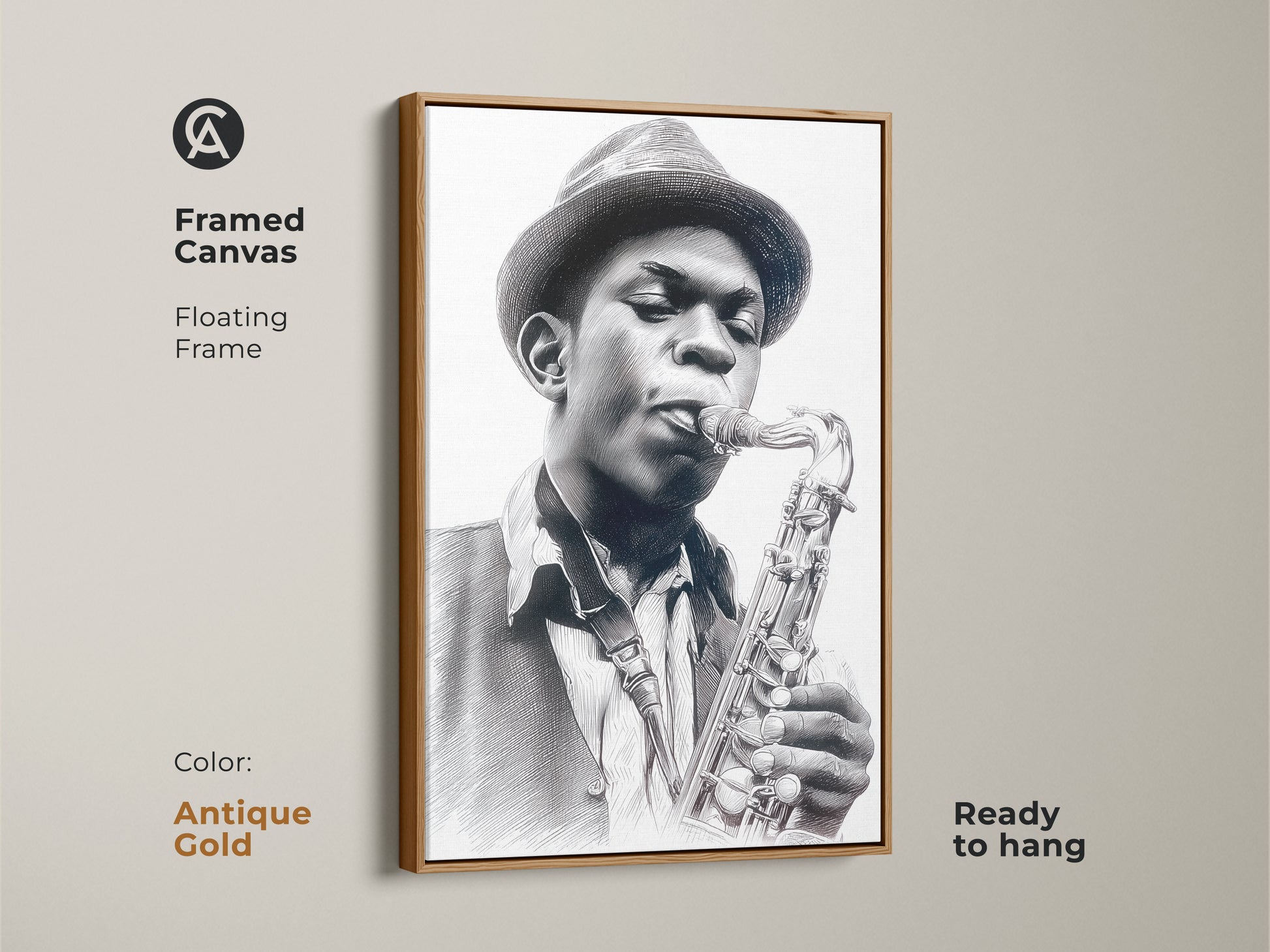 Framed canvas art featuring a musician with a saxophone. The floating frame is antique gold. This canvas art is ready to hang. The musician in the artwork is wearing a fedora style hat. The art is a pencil sketch.