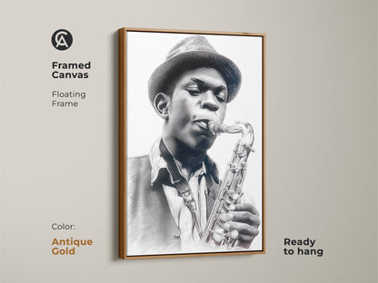 Framed canvas art featuring a musician with a saxophone. The floating frame is antique gold. This canvas art is ready to hang. The musician in the artwork is wearing a fedora style hat. The art is a pencil sketch.