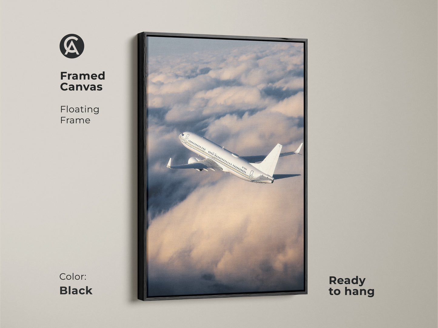 Framed aviation photography on canvas features a floating black frame. Ready to hang this modern artwork captures a plane in the clouds. A perfect piece of modern office wall decor. This travel enthusiast gift idea is ideal for aviation lovers. The airplane clouds art print adds style.