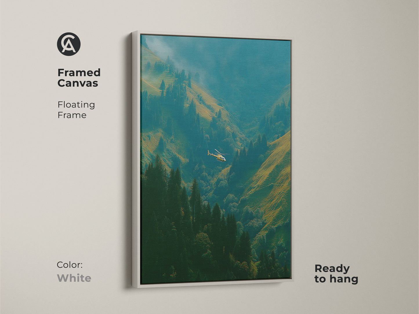 Framed canvas art print of a helicopter flying through a mountain valley. The floating frame is white. This framed artwork is ready to hang. This landscape art will look amazing on your walls.