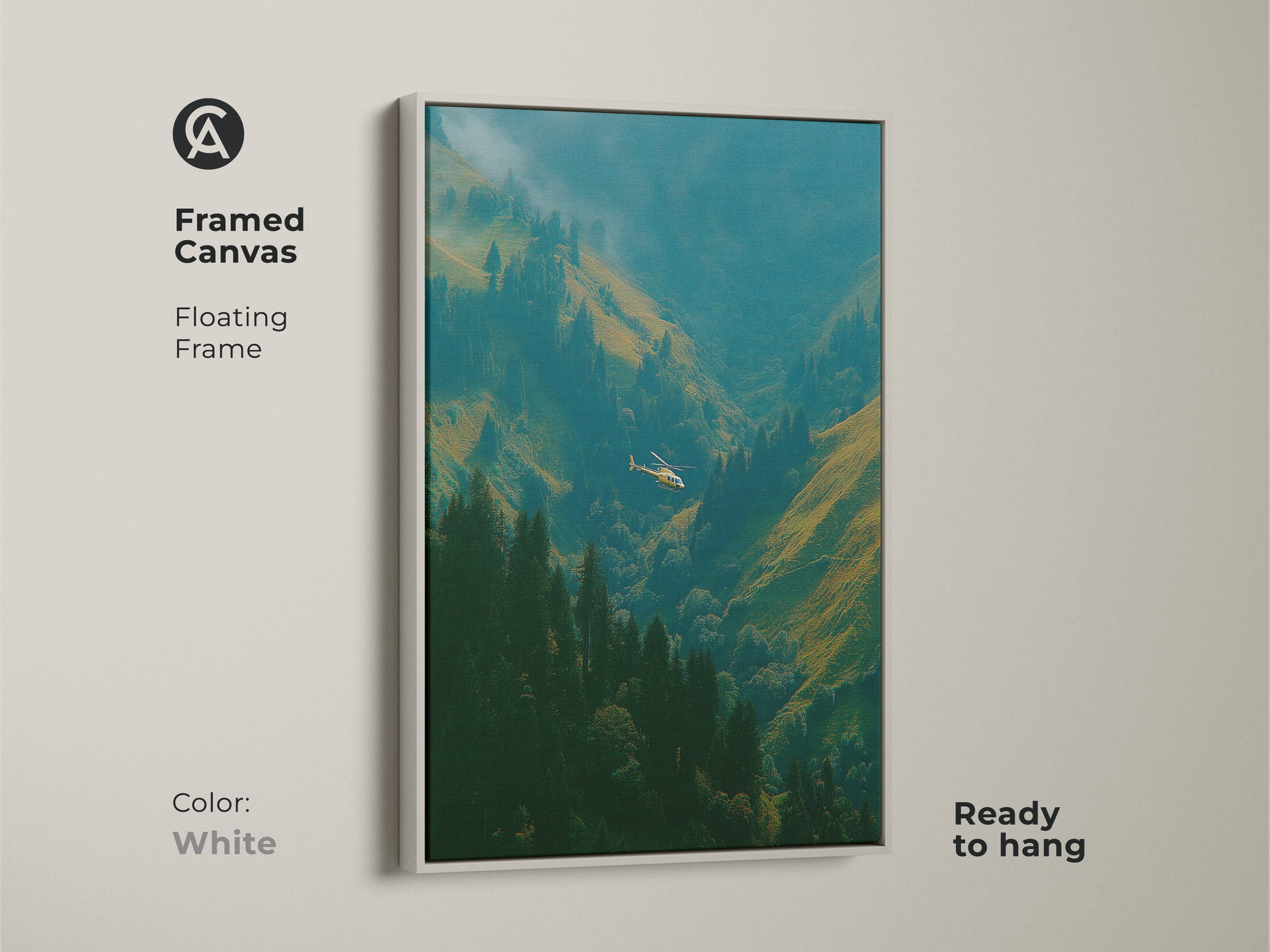 Framed canvas art print of a helicopter flying through a mountain valley. The floating frame is white. This framed artwork is ready to hang. This landscape art will look amazing on your walls.