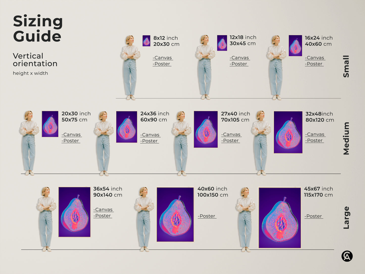 Sizing guide for vertical abstract pear artwork. See how the canvas or poster fits in various spaces. Visualize the magenta purple and blue psychedelic fruit print. Find the perfect size for your eclectic home gift.