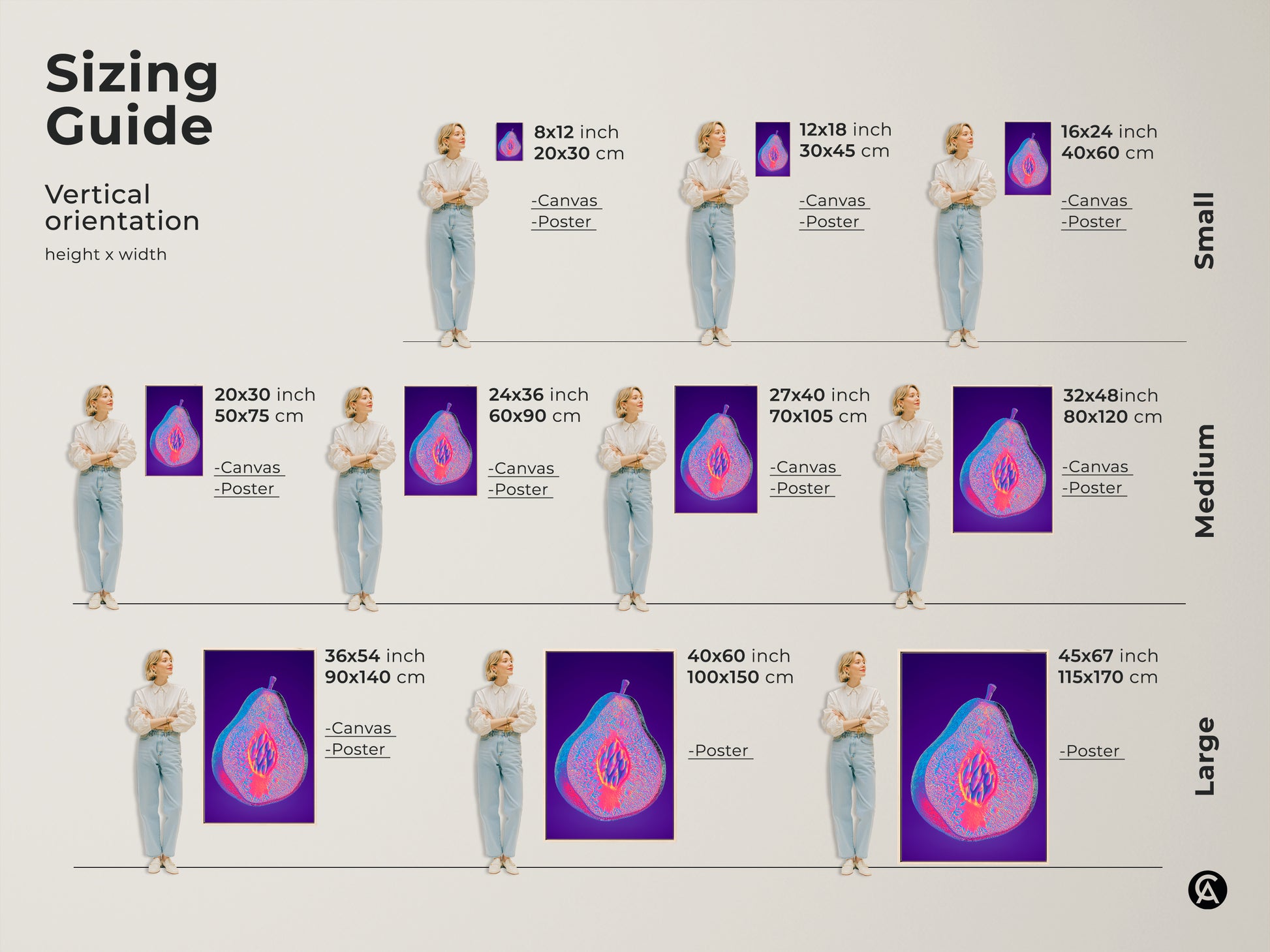 Sizing guide for vertical abstract pear artwork. See how the canvas or poster fits in various spaces. Visualize the magenta purple and blue psychedelic fruit print. Find the perfect size for your eclectic home gift.