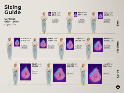 Sizing guide for vertical abstract pear artwork. See how the canvas or poster fits in various spaces. Visualize the magenta purple and blue psychedelic fruit print. Find the perfect size for your eclectic home gift.