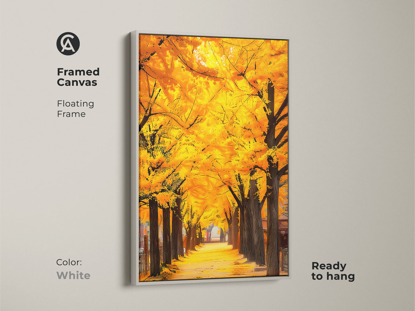 Framed canvas print of a vibrant Gingko tree lined road. The floating frame is white and ready to hang. This artwork offers a clean modern look. This high-quality canvas will brighten your home decor. Bring the beauty of nature indoors.
