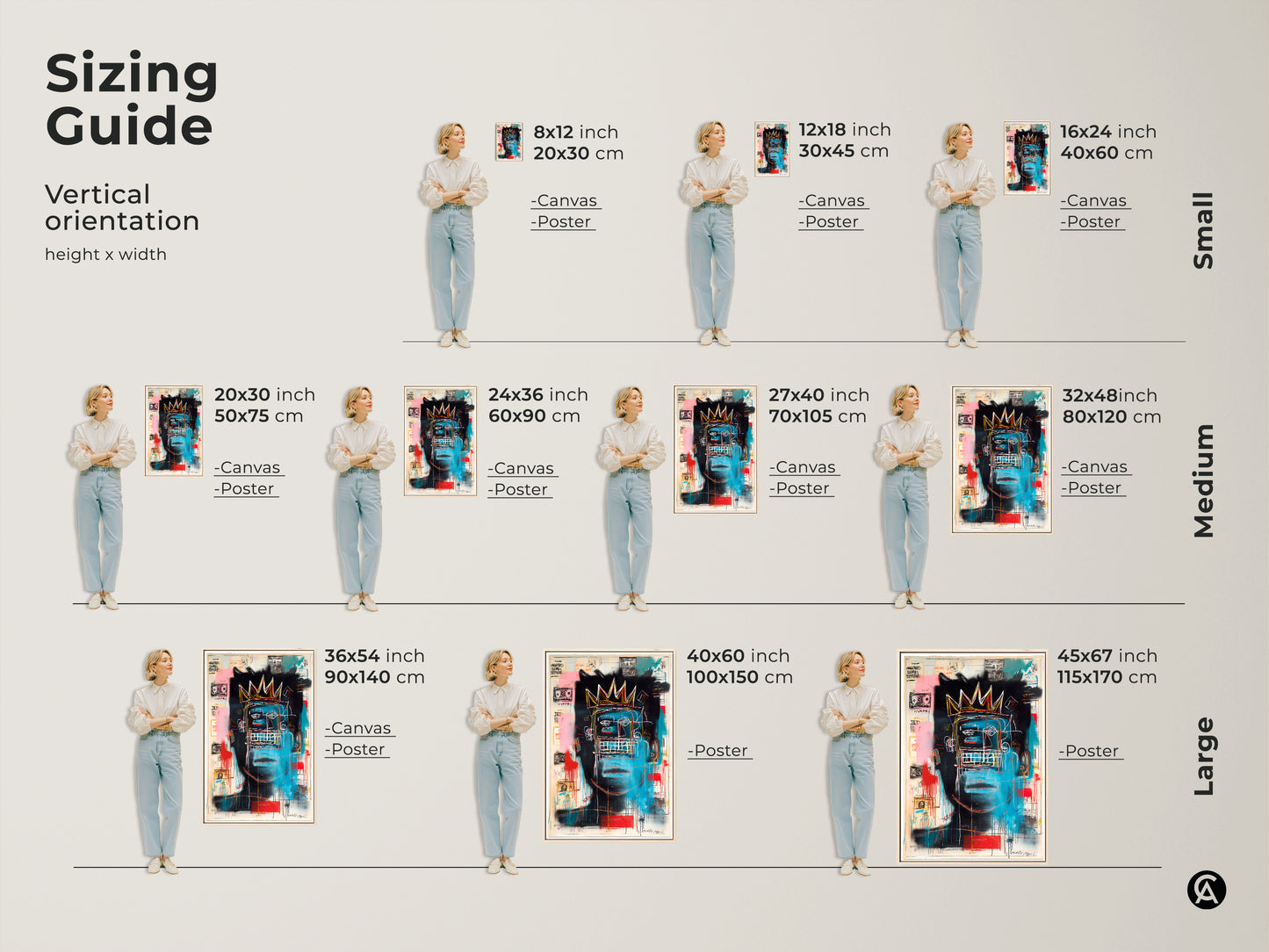 Sizing guide for vertical Basquiat-inspired artwork. The canvas and poster options are available in small medium and large. Find the perfect fit for your space. Visualize the impact of each size. Shop now for museum-quality art prints. Transform your walls today.