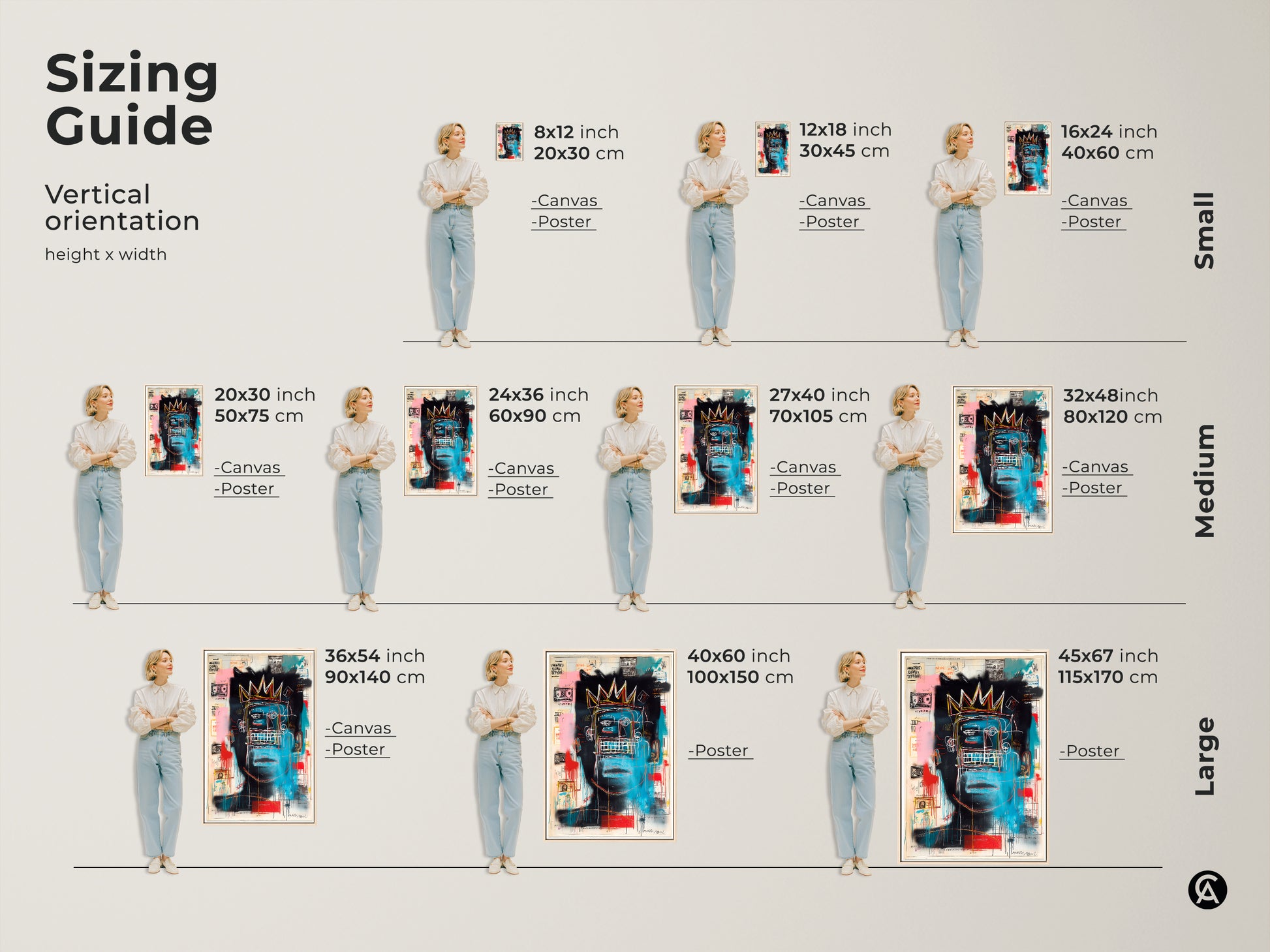 Sizing guide for vertical Basquiat-inspired artwork. The canvas and poster options are available in small medium and large. Find the perfect fit for your space. Visualize the impact of each size. Shop now for museum-quality art prints. Transform your walls today.