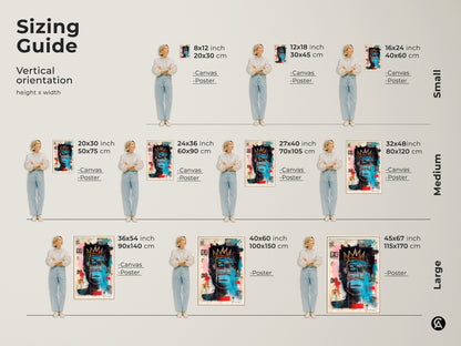 Sizing guide for vertical Basquiat-inspired artwork. The canvas and poster options are available in small medium and large. Find the perfect fit for your space. Visualize the impact of each size. Shop now for museum-quality art prints. Transform your walls today.
