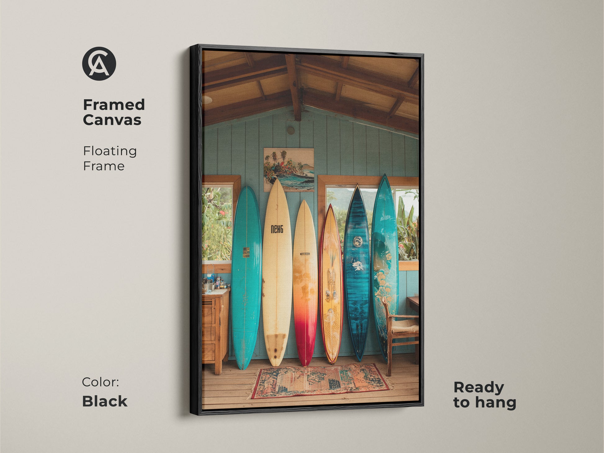 This framed canvas features a beach house interior. Vintage surfboards leaning against a wall. The floating frame is black. It is ready to hang. Perfect for adding coastal artwork to any room. A great conversation starter.