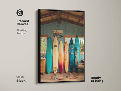 This framed canvas features a beach house interior. Vintage surfboards leaning against a wall. The floating frame is black. It is ready to hang. Perfect for adding coastal artwork to any room. A great conversation starter.