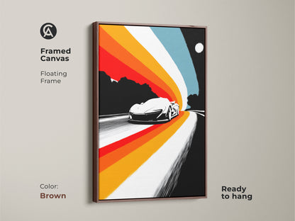Framed canvas print featuring a vintage racing car with a brown floating frame. This mid-century modern art decor adds a nostalgic touch to your space. The abstract speed lines bring energy. A great birthday gift for car lovers.