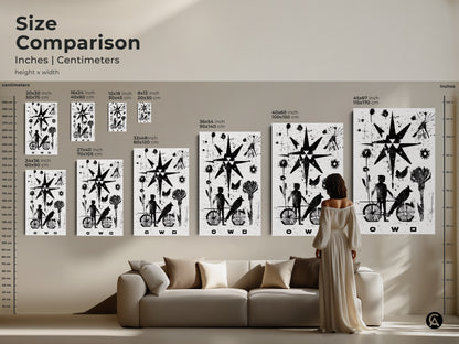 Size comparison of monochrome abstract linocut art prints. Various sizes shown in inches and centimeters. The art features a minimalist child bird motif with an abstract starburst. An eclectic addition to any modern home decor. Find the perfect size art today.
