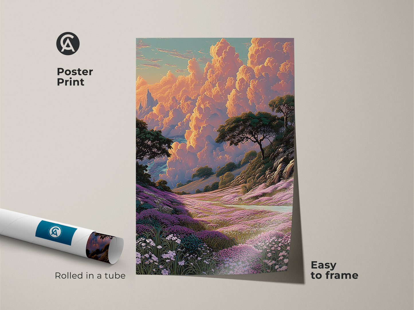 Poster print of a scenic wildflower hills canvas featuring a fantasy nature decor. The artwork showcases a dreamy sky and clouds. Rolled in a tube for easy framing this print adds color to any room. Perfect as a housewarming gift for nature lovers.