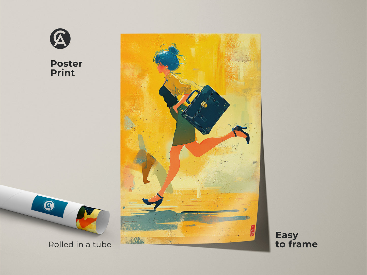 Poster Print of woman with briefcase. Abstract art rolled in a tube and easy to frame. The modern abstract art piece features yellow orange and teal colors. Perfect woman in motion art.