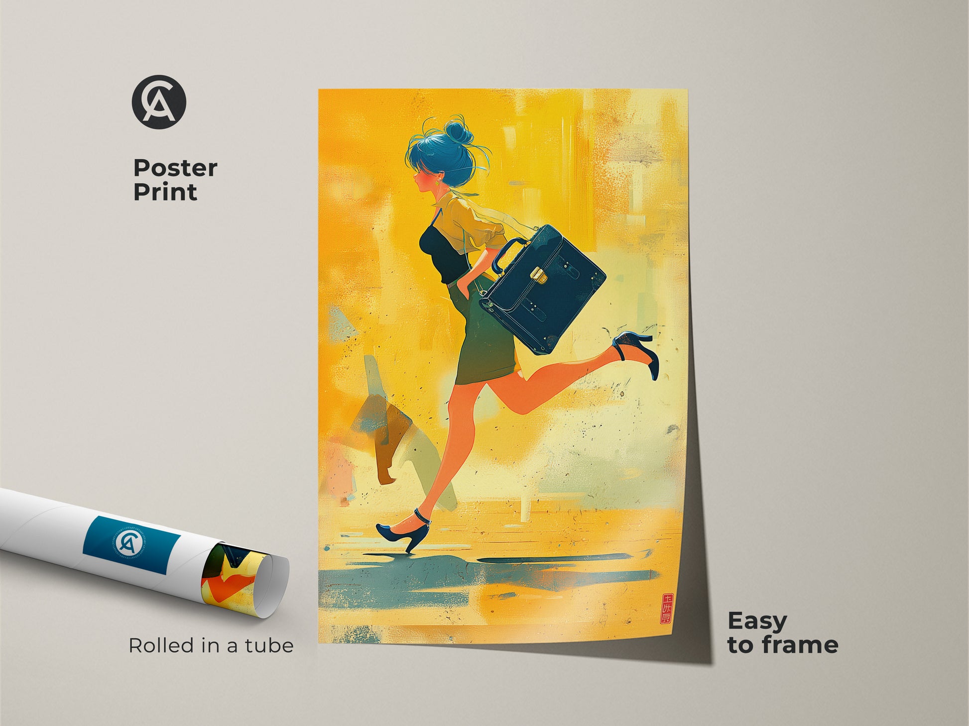 Poster Print of woman with briefcase. Abstract art rolled in a tube and easy to frame. The modern abstract art piece features yellow orange and teal colors. Perfect woman in motion art.